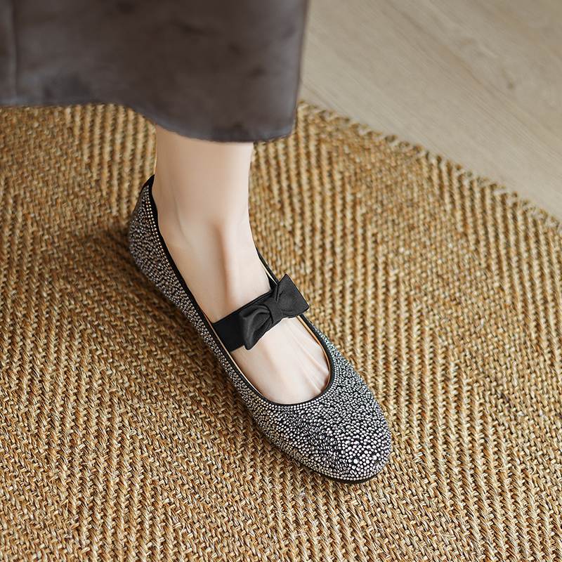 Krazing Pot crystal beading Fashion Spring Size 42 41 Low Heels Women round Toe Shoes Ballet Dance Shallow Flats