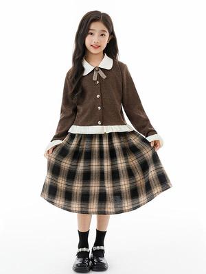 Set Due Pezzi Autunnale da Ragazza Gonna a Quadri e Cardigan Lavorato a Maglia