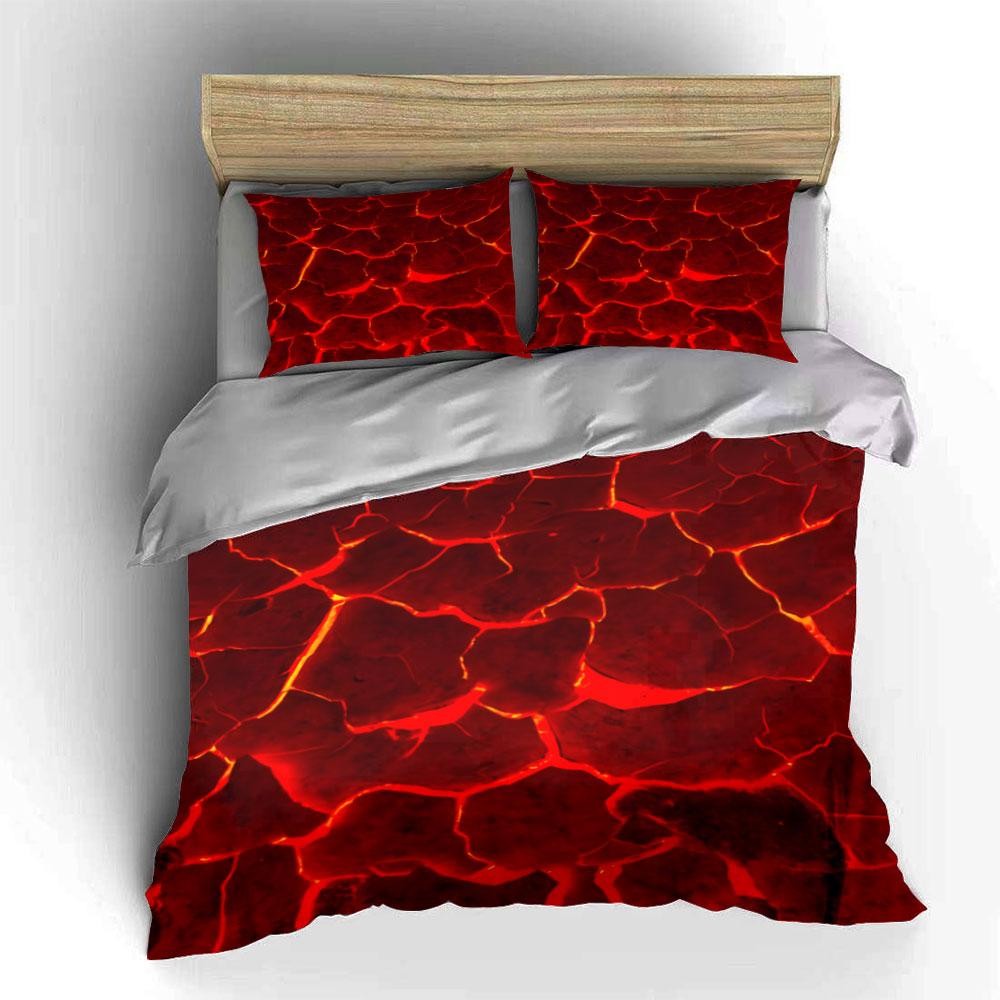 3Pcs Lava Crack Bedding Set, Red Hot Magma Rock Print Duvet Cover + 2 Pillowcases, Volcano Texture Pattern For Bedroom Decor