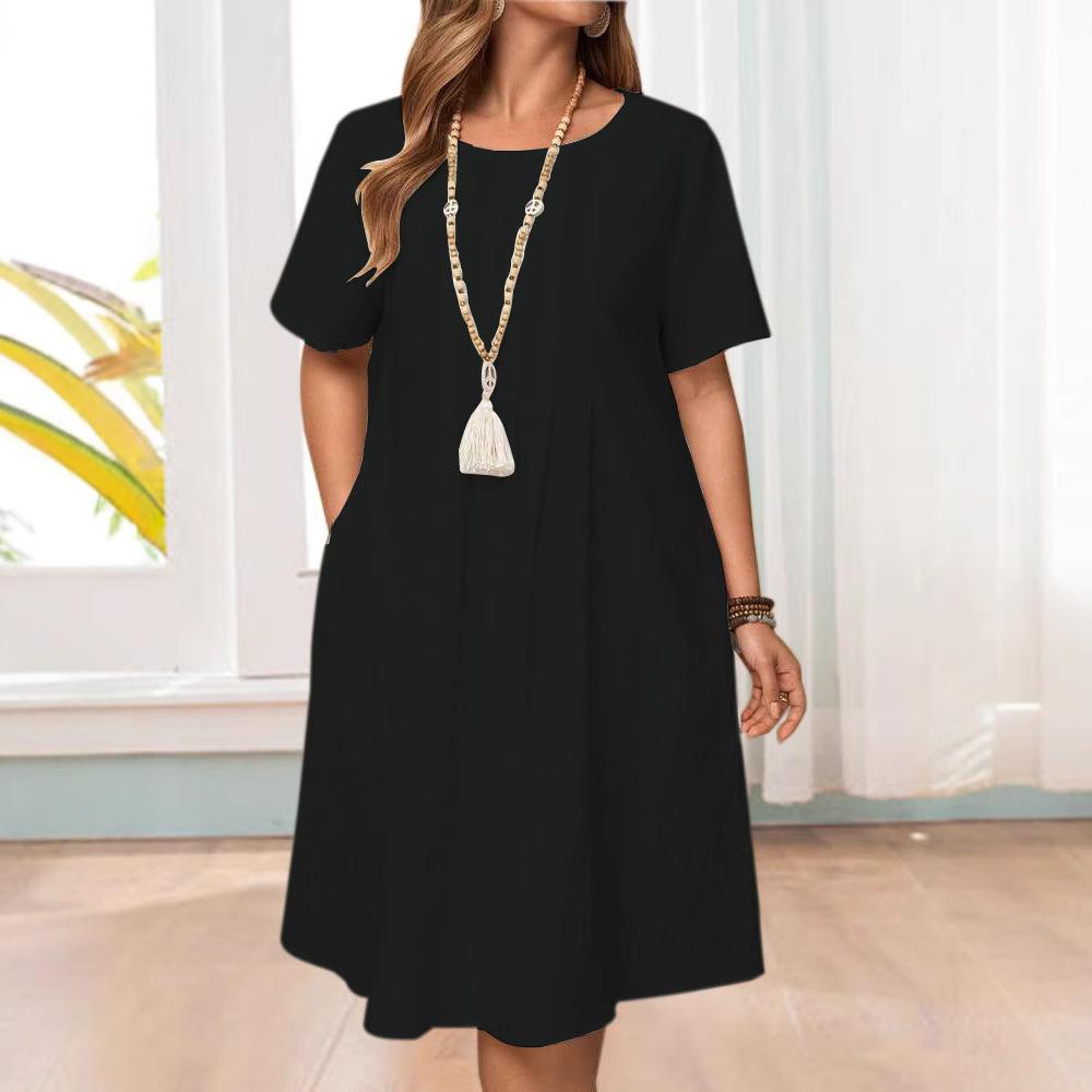 GMXIA Frühling Sommer Vintage Locker Taschen Einfarbig O-Ausschnitt Damen Baumwolle Leinen Kleider