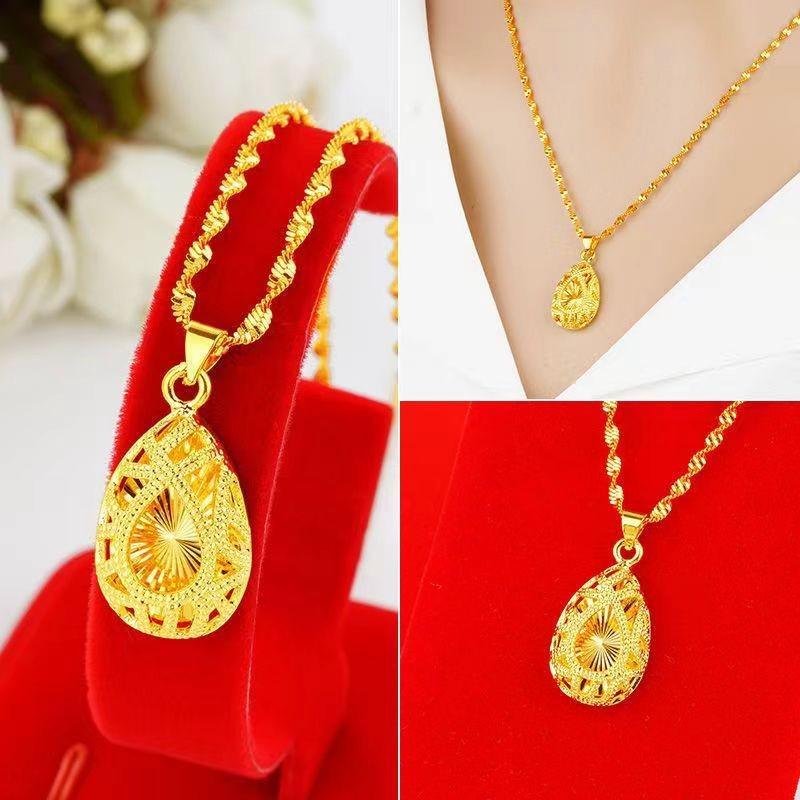 Hollow Water Drop Necklace: Authentic Vietnam Sand Gold, Sparkling Clavicle Chain Gift for Women & Elders.