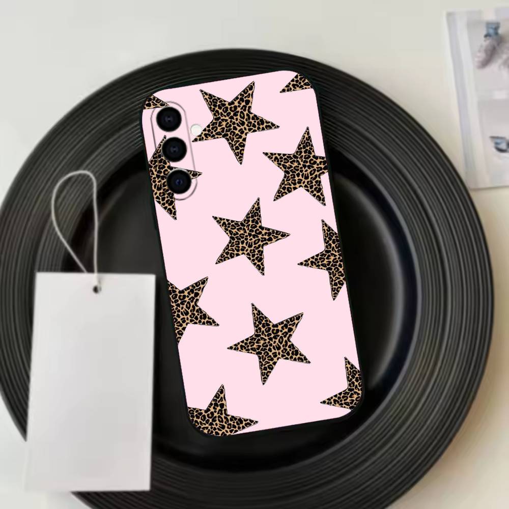 Leopard Print C-Cherry Star Phone Case Black Silicone Soft For Samsung Galaxy A73,A72,A71,A70,A53,A52,A51 Samsung a41