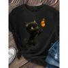 European Size Women'S Casual Short Sleeve Crew Neck T-Shirt with Adorable Black Kitten & Butterfly Print - Soft Stretch Fabric
