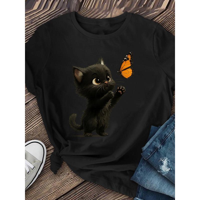 

European Size Women S Casual Short Sleeve Crew Neck T-Shirt with Adorable Black Kitten & Butterfly Print - Soft Stretch Fabric 4XL чорний