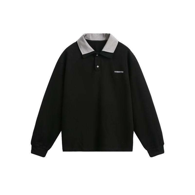 Kisko American Retro Embroidered Fake Two-Piece Preppy Style Polo Shirt for Men and Women, High-End Loose Casual Long-Sleeved T-Shirt