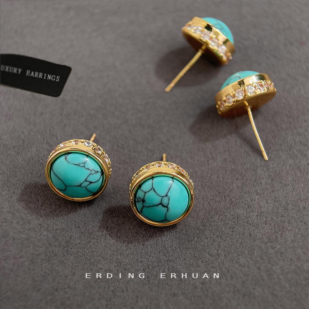 

Литературные ретро серьги-пусеты из серебра 925 пробы с новой китайской микроинкрустацией цирконом и бирюзой, круглые, высокого класса, для женщин