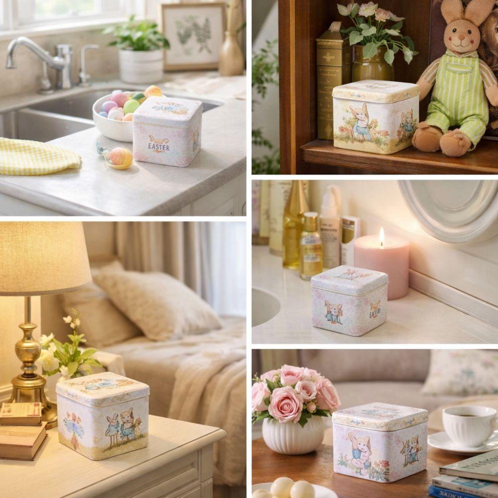 Multi-Purpose Cartoon Easter Tinplate Box with Lids Portable Easter Gift Can Vintage Metal Small Tin Can Sweets Chocolate