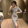 Autumn and winter new design sense niche single-breasted black bottom skirt knitted sweater dress women
