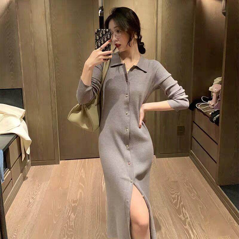 Autumn and winter new design sense niche single-breasted black bottom skirt knitted sweater dress women