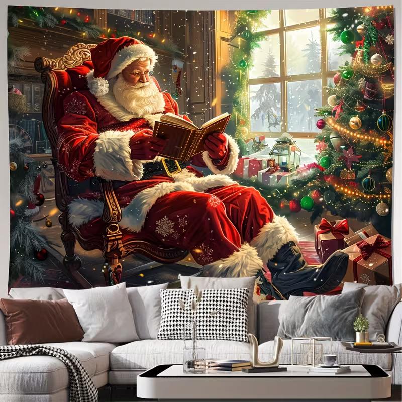 2D Christmas Eve Santa Claus Tapestry, Warm Winter Holiday Wall Hanging for Home Decor