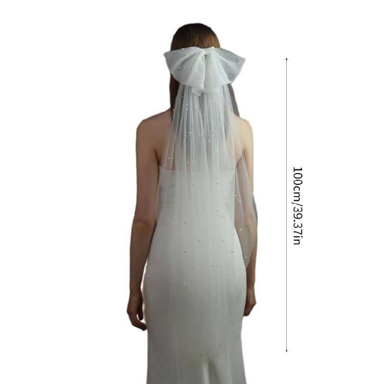 Flower Girl Veil Pearls Bow Hair Wedding Headpeice White Sheer Head Covering