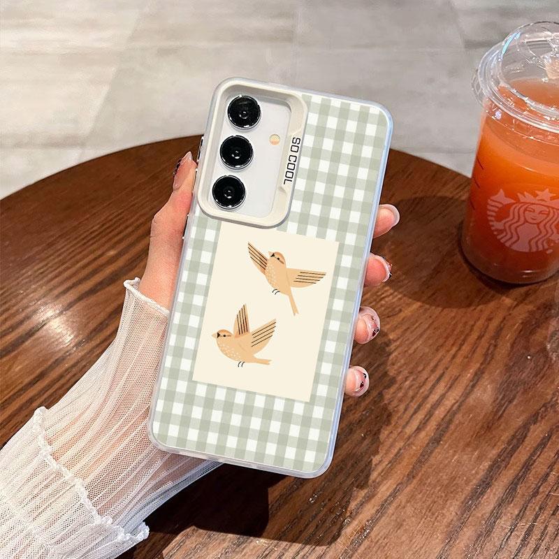 For Samsung Galaxy S24 S23 Ultra Plus FE S25 S22 Ultra Plus S21 FE Laser Phone Case Checkered Grid Cute Animals Pattern Covers