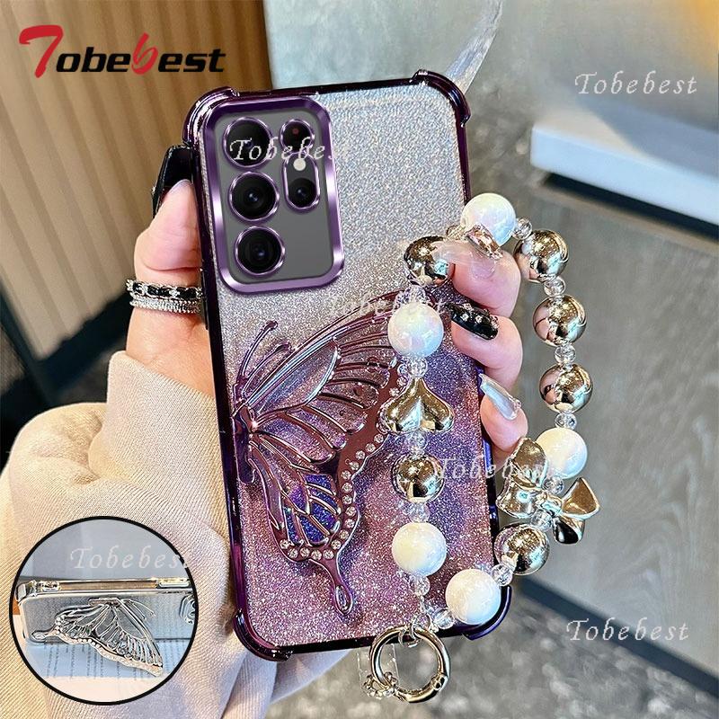 Nárazuvzdorné Pokovené Třpytivé Motýlí Náramkové Pouzdro pro Samsung Galaxy S25 edge S24 S23 S22 S21 S20 Plus FE Note20 10 Ultra Kryt