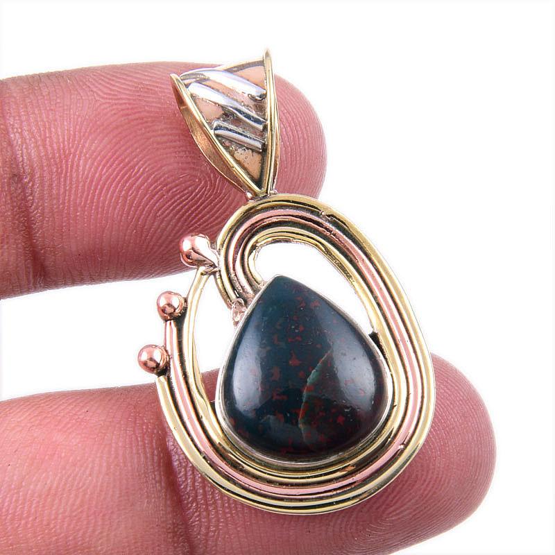 

Natural Bloodstone Gemstone 925 Solid Sterling Silver TwoTone Pendant 1.50 b3L59