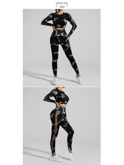European American Tie-Dye Butt-Lift Yoga Set: Long Sleeve, Seamless Fitness Clothing with Hollow Out Design