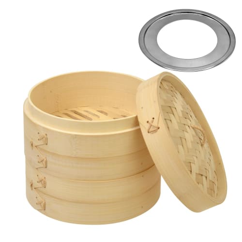 Park Lane Chinese Steamer, 21cm, 2-Tier Set with Stainless Steel Stand, K-10958, Steamer, Steaming Plate, Bamboo Steamer, Natural Bamboo