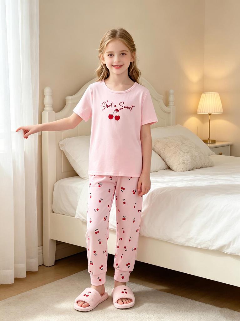 Girls Pajama Set, Breathable Cherry Print Sleepwear, Cute Cozy Loungewear for 8-12 Years