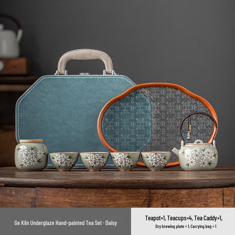 Hand-Painted Ceramic Travel Tea Set - Daisy Pattern