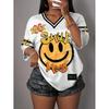 Womens V-Neck Short Sleeve T-Shirt With 3D Digital Print Loose Fit Casual Chic Top 2025