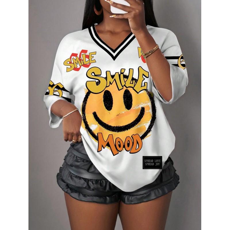 Womens V-Neck Short Sleeve T-Shirt With 3D Digital Print Loose Fit Casual Chic Top 2025