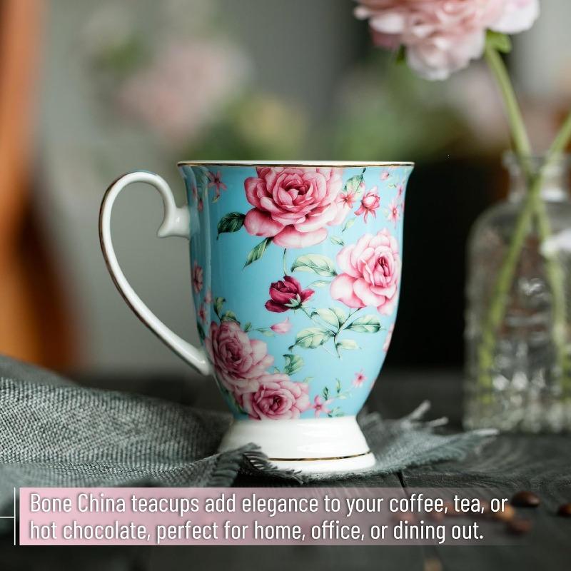 Large Coffee Mugs, 12 oz, Set of 6, Floral Mugs, Porcelain Bone China, Tea Mug, Coffee Cups Set