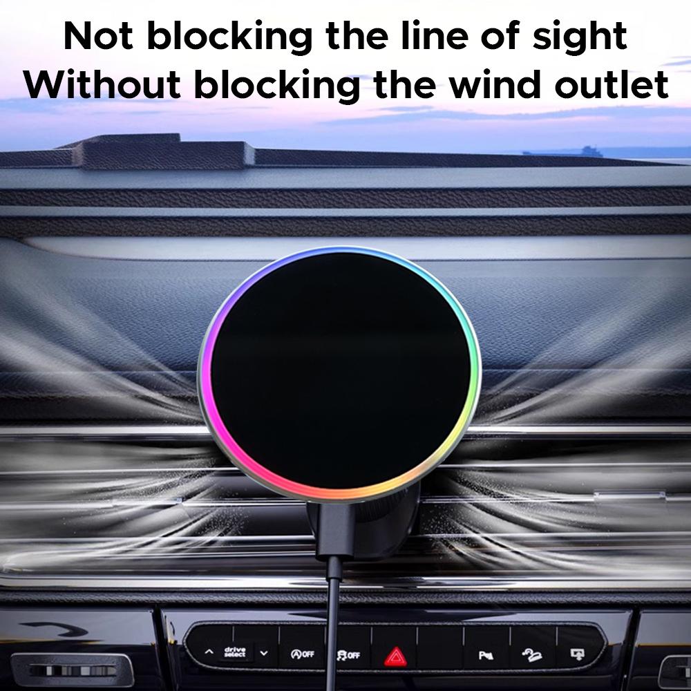 Magnetic Car Phone Holder 15W Wireless Charger Stand Compatible with MagSafe For iPhone 17 16 Pro Max Car Mount Charger Neon LED