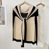 Navy Style Knitted Shawl for Women: Spring/Summer Sun Protection, Air-Conditioned Room Wear, Color Block Design, Fake Collar.
