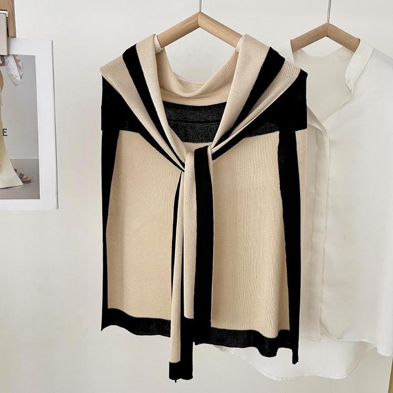 Navy Style Knitted Shawl for Women: Spring/Summer Sun Protection, Air-Conditioned Room Wear, Color Block Design, Fake Collar.