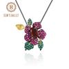 Gb Colier cu pandantiv cu flori lucrate manual cu piatră prețioasă de granat roșu natural pentru femei Colier de grădină secretă din argint 925 pentru femei
