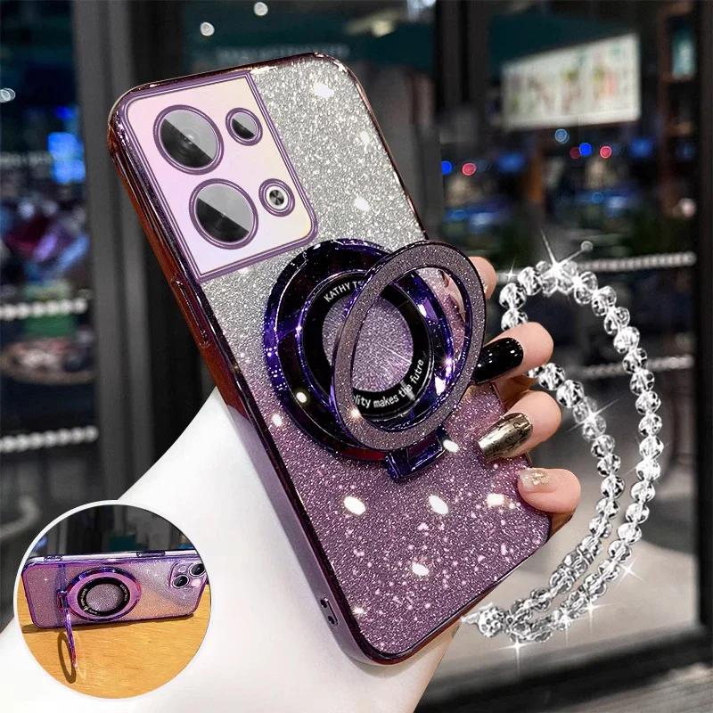 Glitter Crystal Bracelet Magnetic Holder Case For Oppo Reno12 Reno 12 Pro 13 11 F 11F 13F 12F 10 8 7 6 5 Pro Lite Bracket Cover