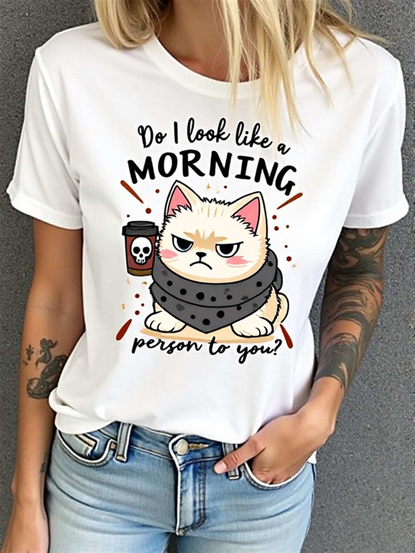 Women Funny Do I Look Like a Morning Person? Coffee Cup & Sarcastic Morning Expression Graphic T-Shirt - Medium Stretch Crew Neck Casual S белый