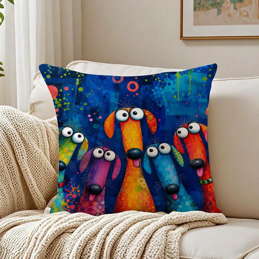 Funny Colorful Whimsical Dog Pillow Case Double-Sided Plush Sofa Cushion Covers Organic Breathable Invisible Zipper