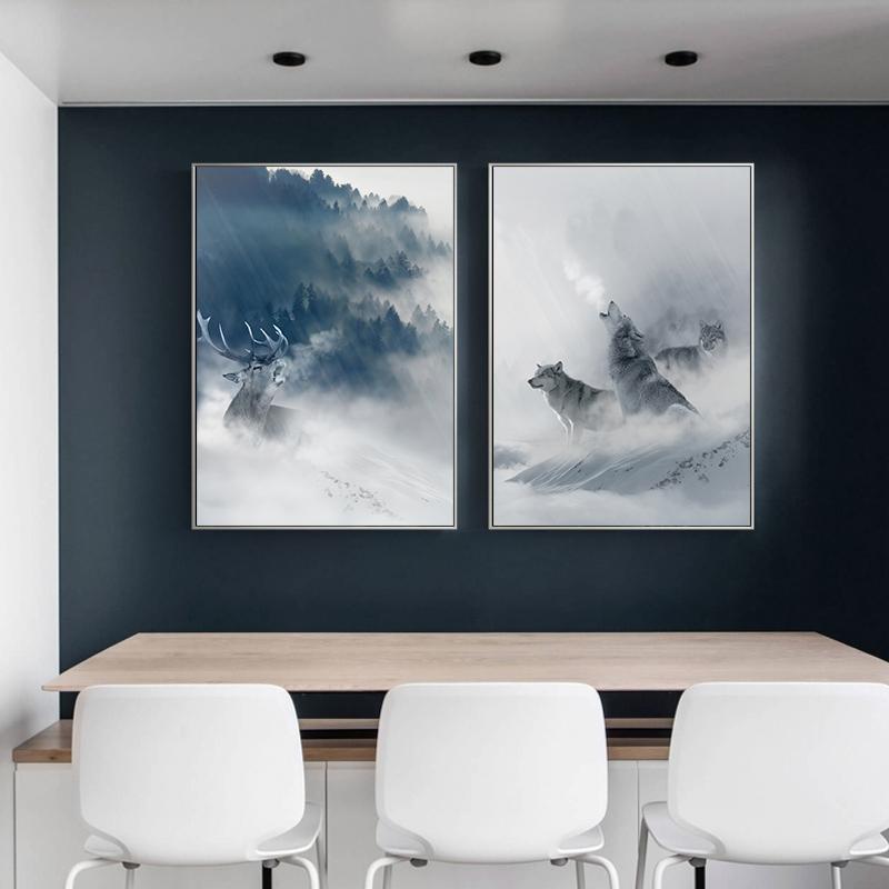 Nordic Black White Animal Poster Wolf Elk Wall Art Canvas Painting Forest Snow Mountain Print Picture for Living Room Home Decor