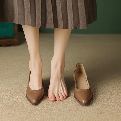 Fashion Kaky's New Pointed Cowhide Mid Heel Large Women's Singles, Casual Shoes, Work Shoes