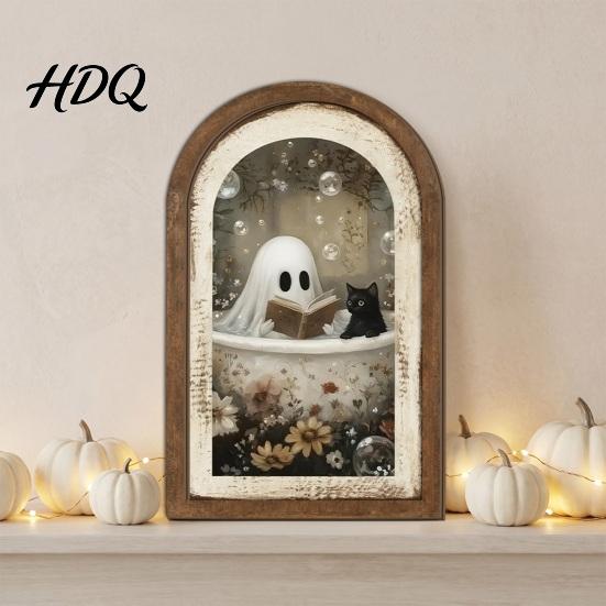 Solid Wood Ghost Ornament Arch Wooden Sign Cute Halloween Table Rustic Farmhouse Spooky Home Accents Shelf Decor Decorative Wall Art for Mantel
