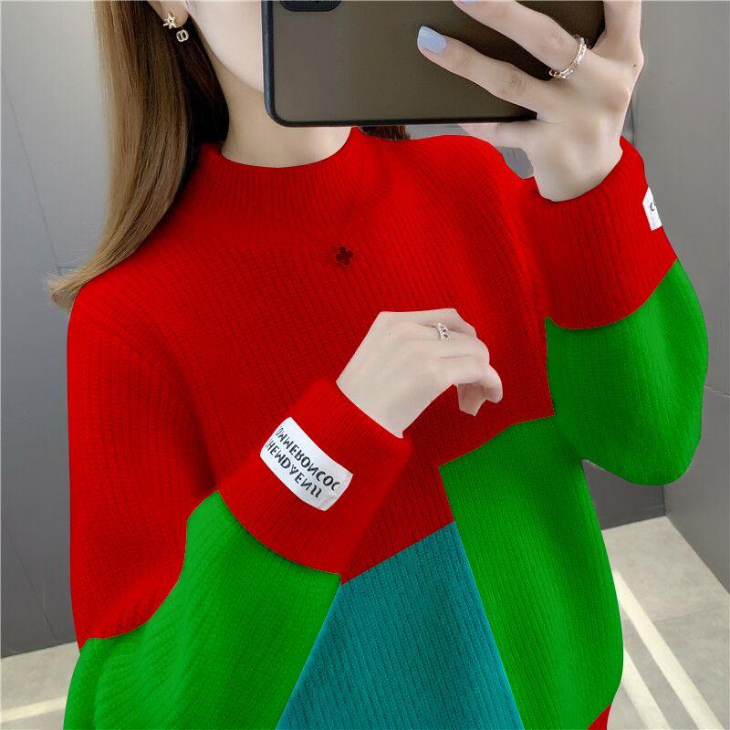 

Женский свитер с цветными блоками, полуводолазка, утолщенный вязаный джемпер, осенне-зимний свободный вязаный свитер S красный