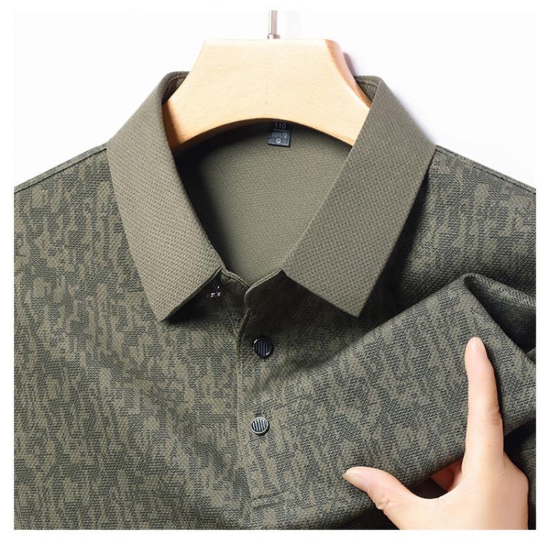 Mens Long Sleeve Jacquard Polo Shirt Business Casual Spring Autumn Top