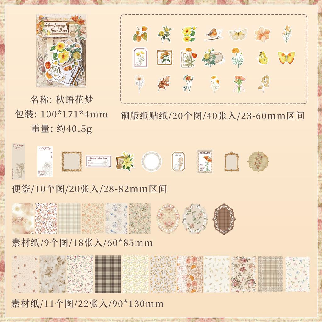 100 - Sheet Vintage Floral Pattern material & Sticker Set, Retro Flower Designs for Hand Account & DIY Crafts