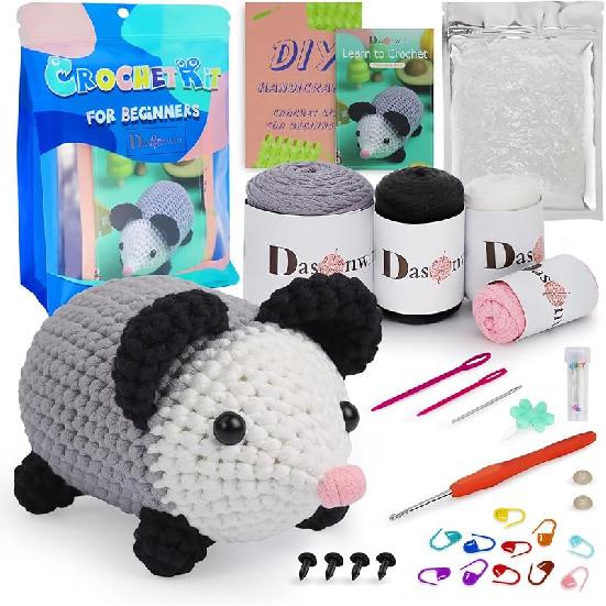 Dasonwin Crochet Kit for Beginners,Crochet Animal Kit with Step-by-Step Video Tutorials,Grey Crochet Possum Kit,Easy Yarn Crochet Kits,Beginners cute