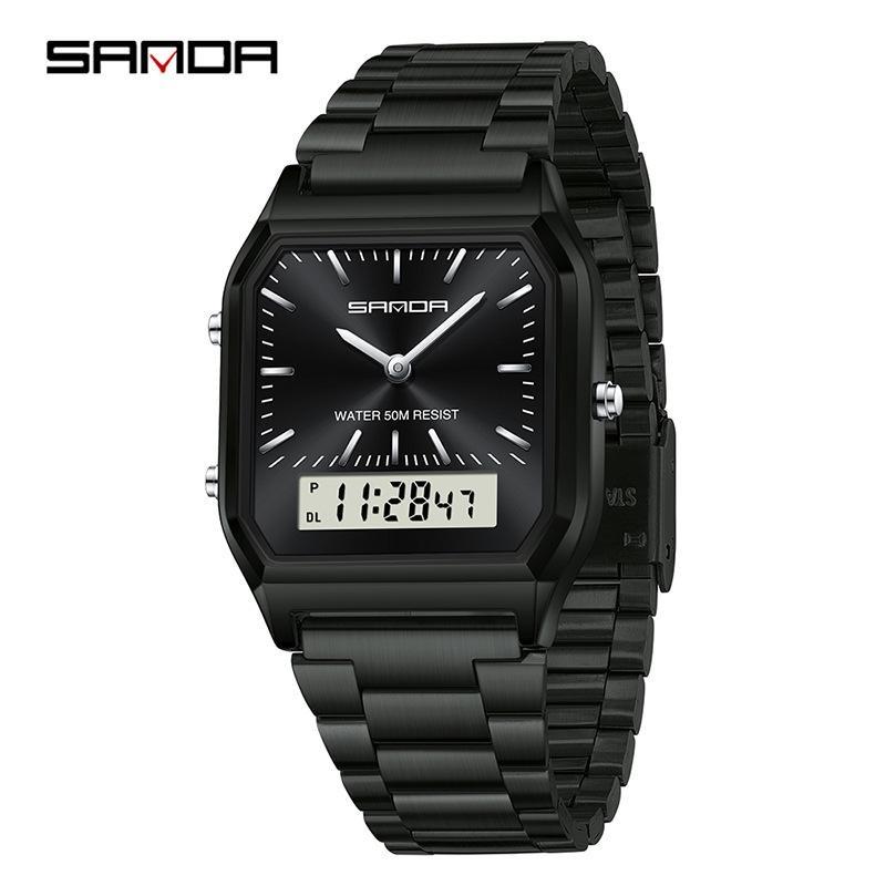 SANDA Neutral Dual Display Clock Waterproof Sports Quartz Watch Luxury Women's Stainless Steel Digital Electronic Watch
