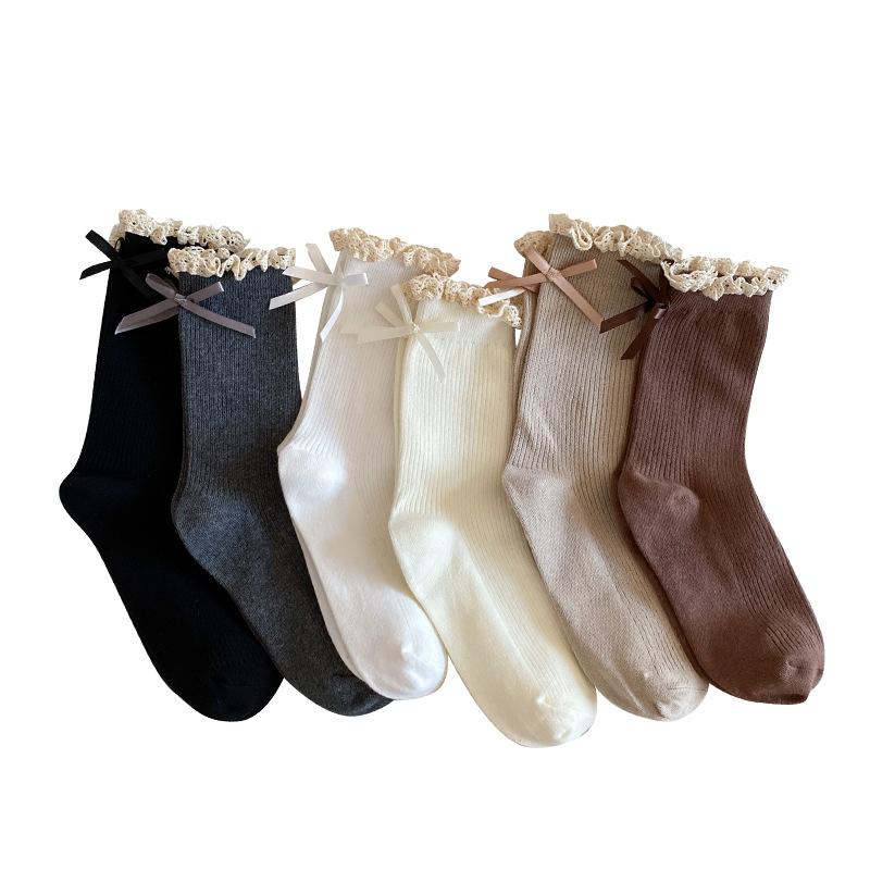Lace Socks, Cute Mid-calf Lolita Ribbon Bow, White Pile Long Calf, Retro