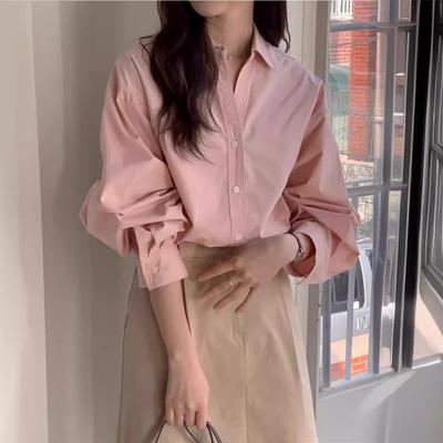 2025 Korean Chic French Style Loose-Fit Pink Long-Sleeve Shirt for Women