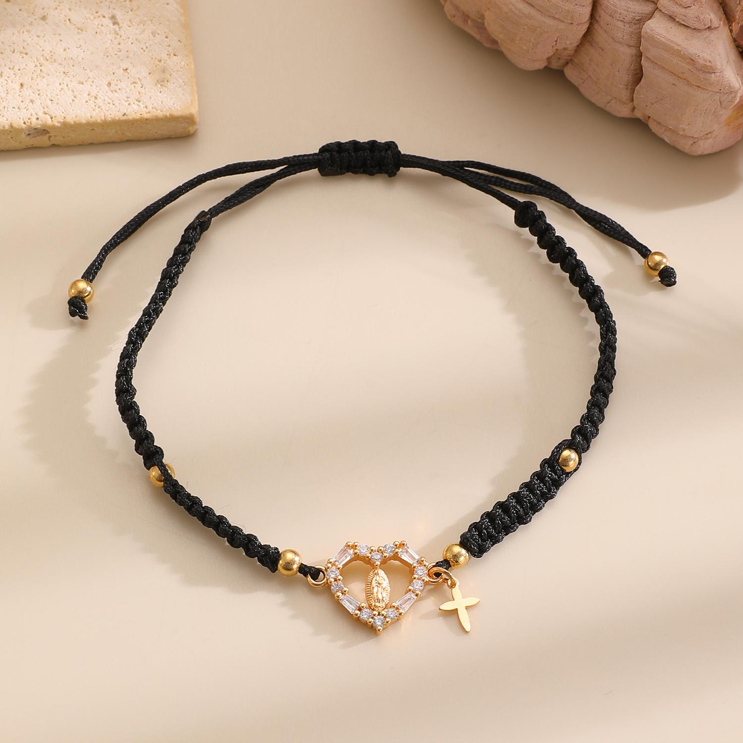 

Stylish Virgin Mary Heart Zircon Bracelet for Women, Personalized Red & Black Rope Couples Bracelet.
