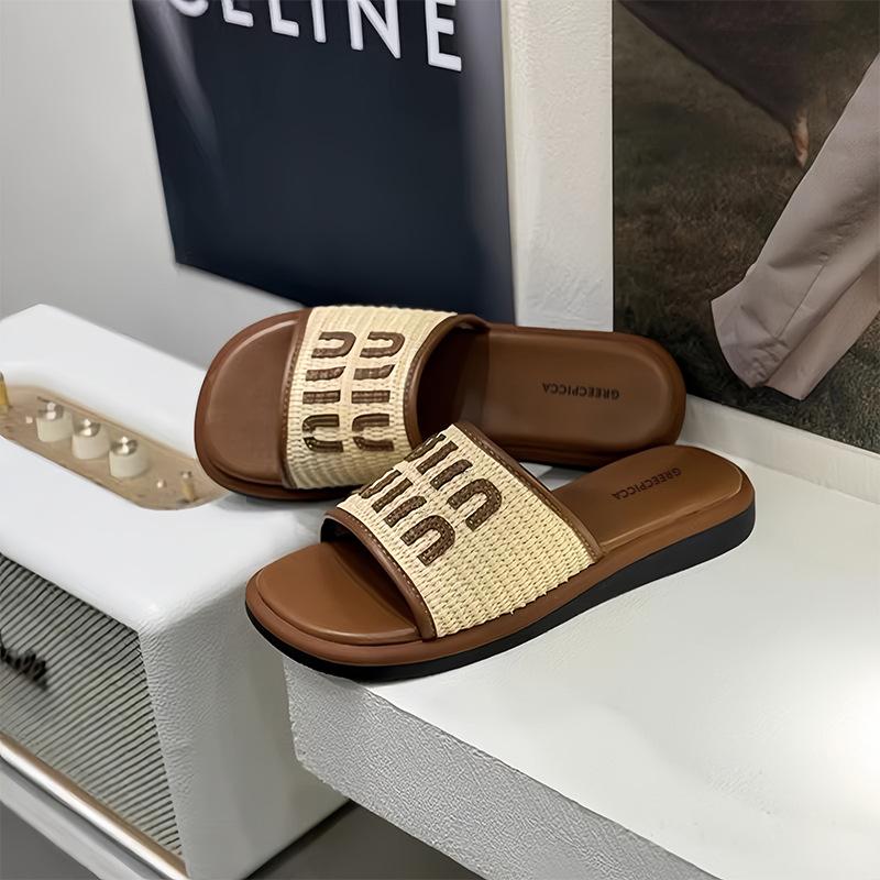 

Sheepskin version! Ah Min s holiday woven flat-bottomed slippers for women s summer wear new casual beach one-word sandals 35 темно-коричневого