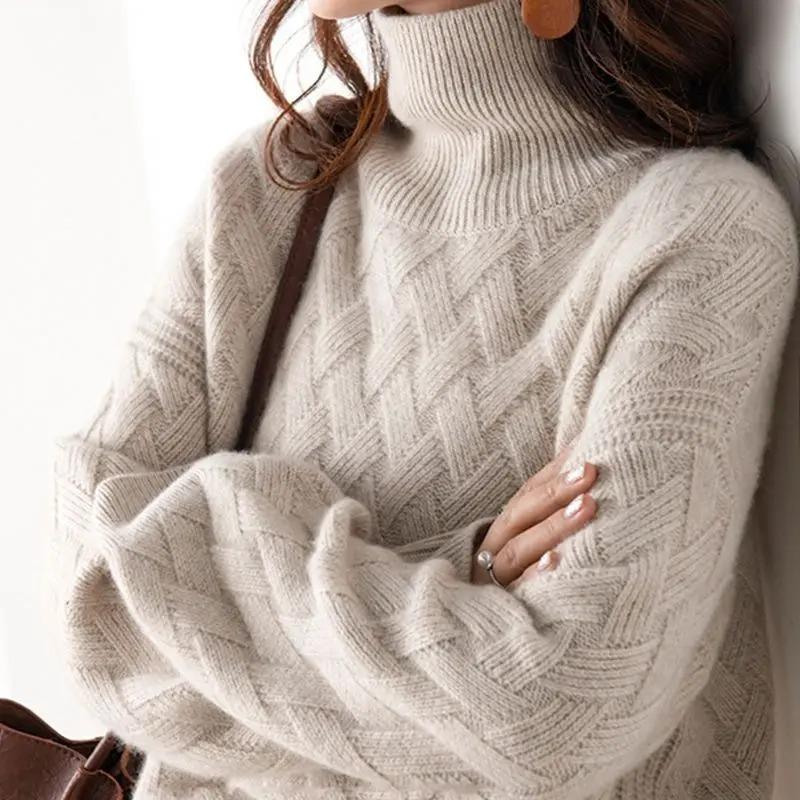 Women Casual Chic Loose Cashmere Sweater Autumn Winter Oversize Thick Long Sleeve Turtleneck Warm Knit Pullovers