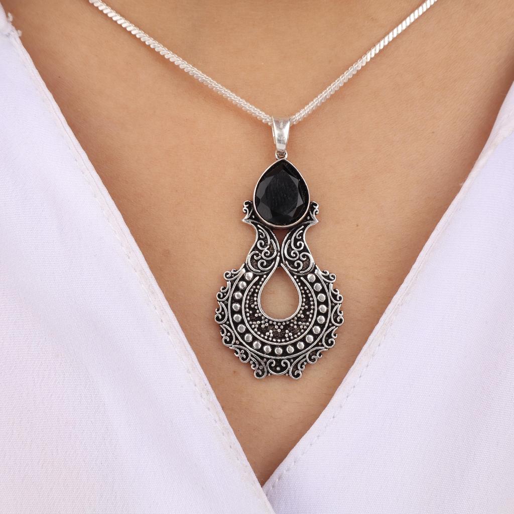 Black Onyx Gemstone 925 Sterling Silver Women Jewelry Elegant Pendant 1.8" For Thanksgiving/Anniversary Gift CP-45-18