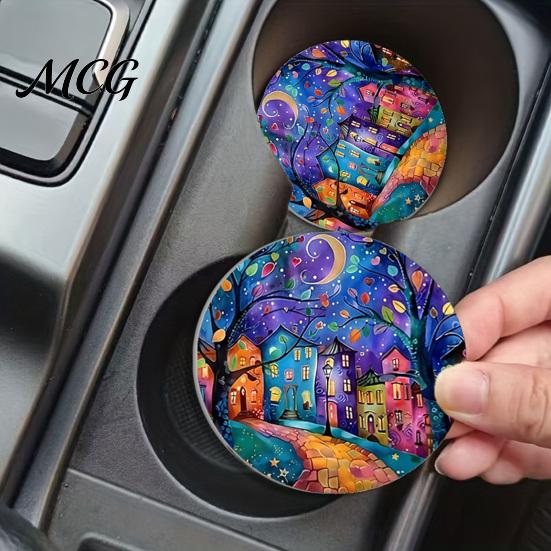 Easy Clean Car Coasters 2PCS Coasters, Oil Painting Print, Decorative Non-Slip Thermal Pads, Stain-Resistant Modern Accessory Gift to Cup Holders, for
