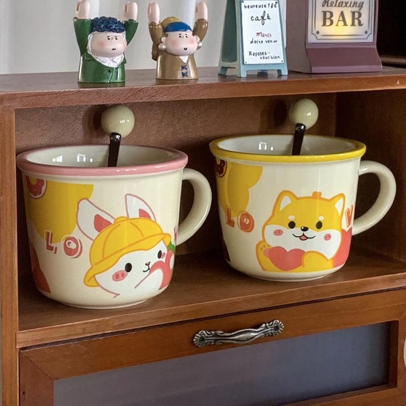 Ceramic Cup with Spoon with High Appearance Cute Household Couple Water Cup Gift Box Hand Gift Creative Mug