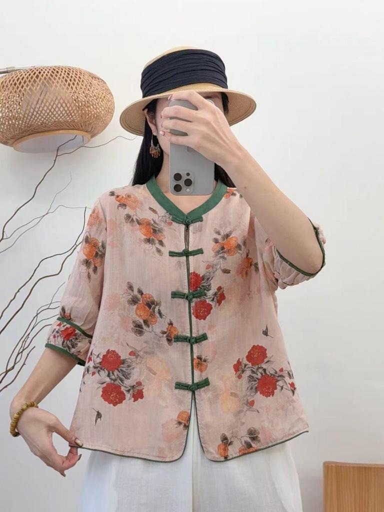 2026 Spring/Summer Women's Retro Ramie Printed Stand Collar 3/4 Sleeve Frog Button Cardigan Shirt