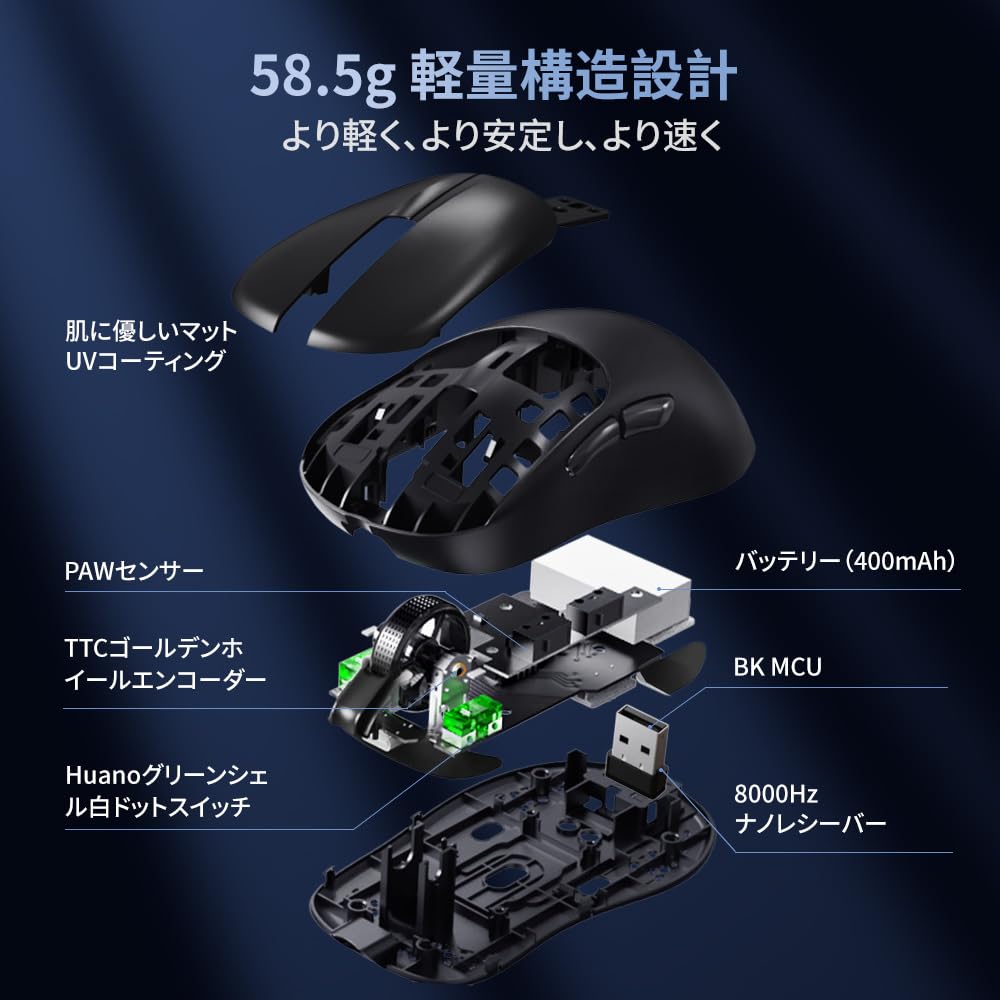 DELUX M500PRO Wireless Gaming Lightweight 8000Hz Polling Small PAW3395 Sensor 100 Million Click Magnetic Charging Base Mouse, (58.5g), Rate, Hand,